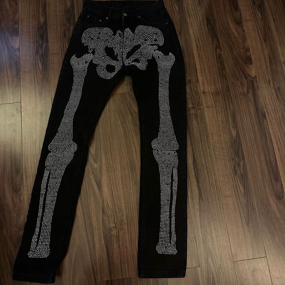 Mnml streetwear studded skeleton jeans black 29 Halloween